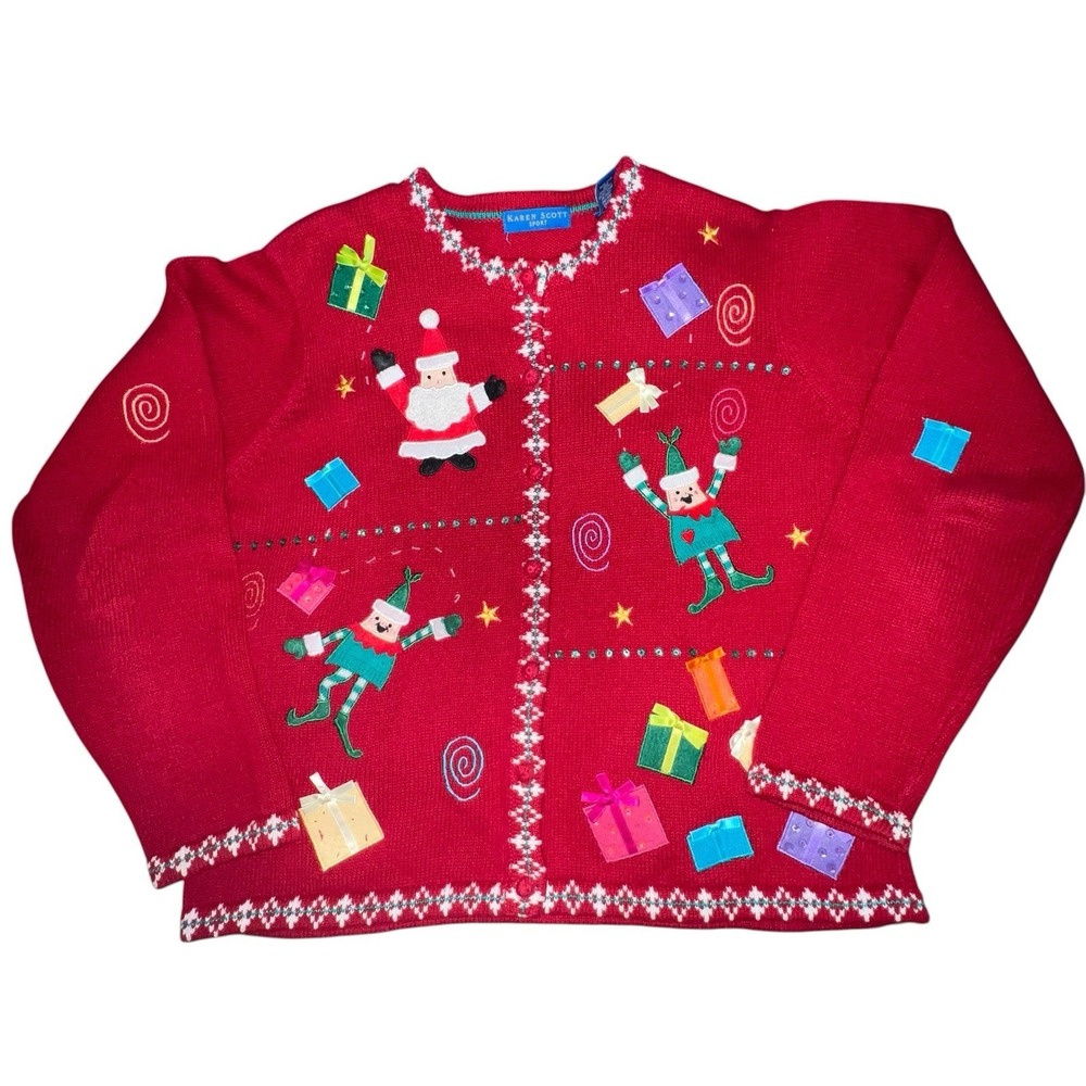 Vtg Karen Scott Ugly Christmas Sweater Women Large Red Cardigan Elf‎ Santa Ramie
